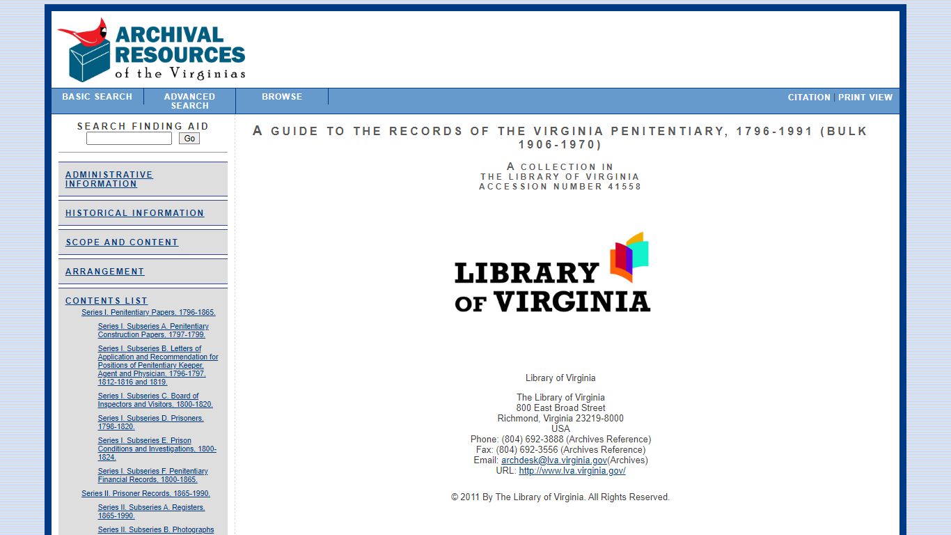 A Guide to the Records of the Virginia Penitentiary, 1796-1991 (bulk ...