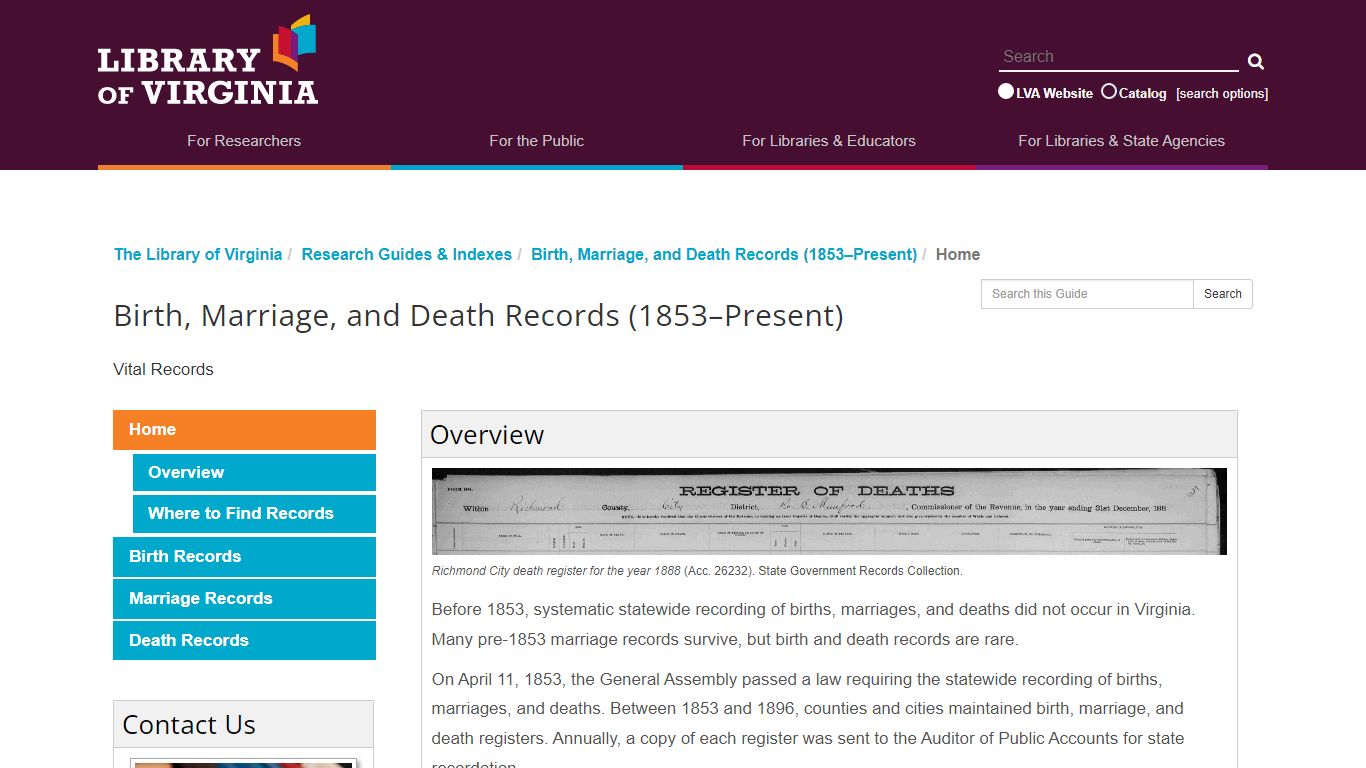 Birth, Marriage, and Death Records (1853–Present)